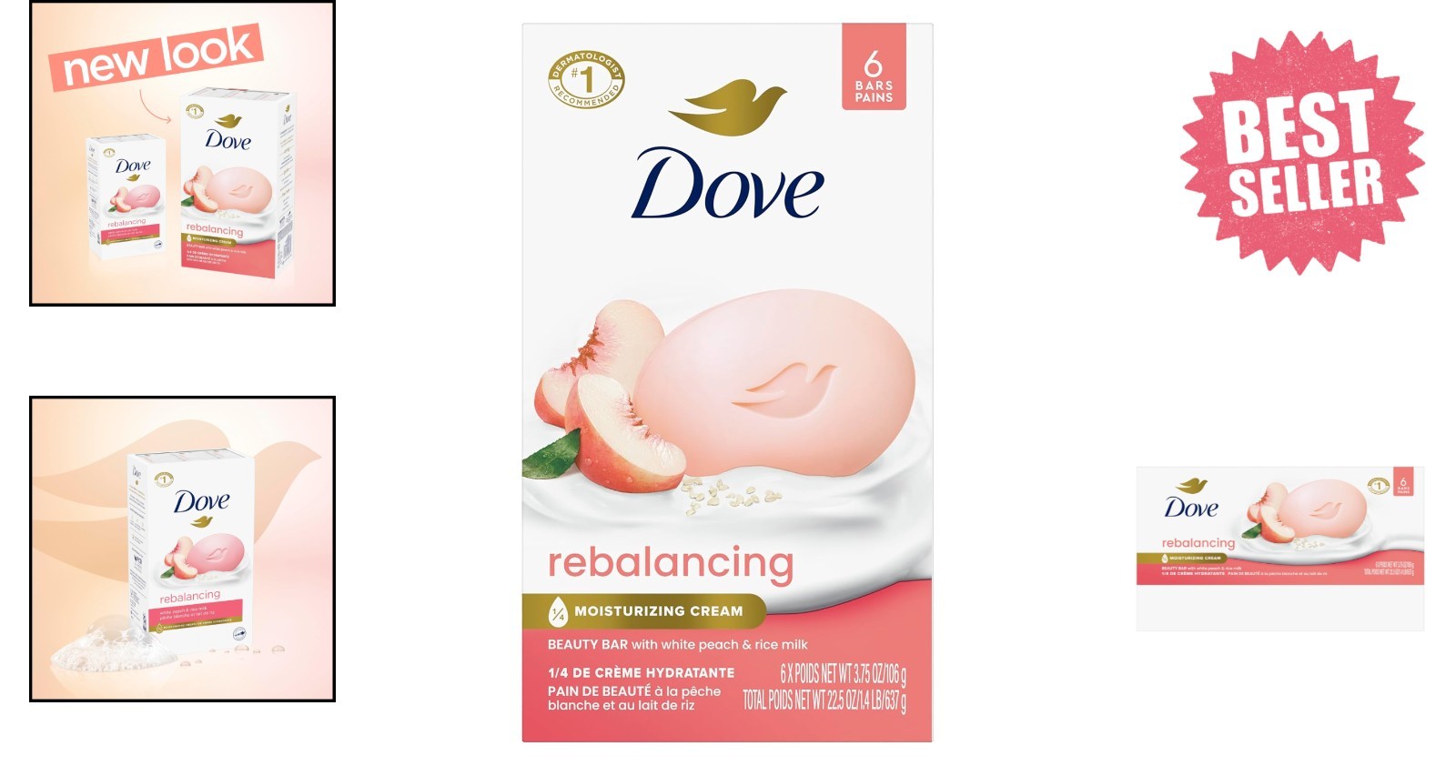 Moisturizing Dove Soap Bar Pack – 6 White Peach & Rice Milk Bars for Tender Skin