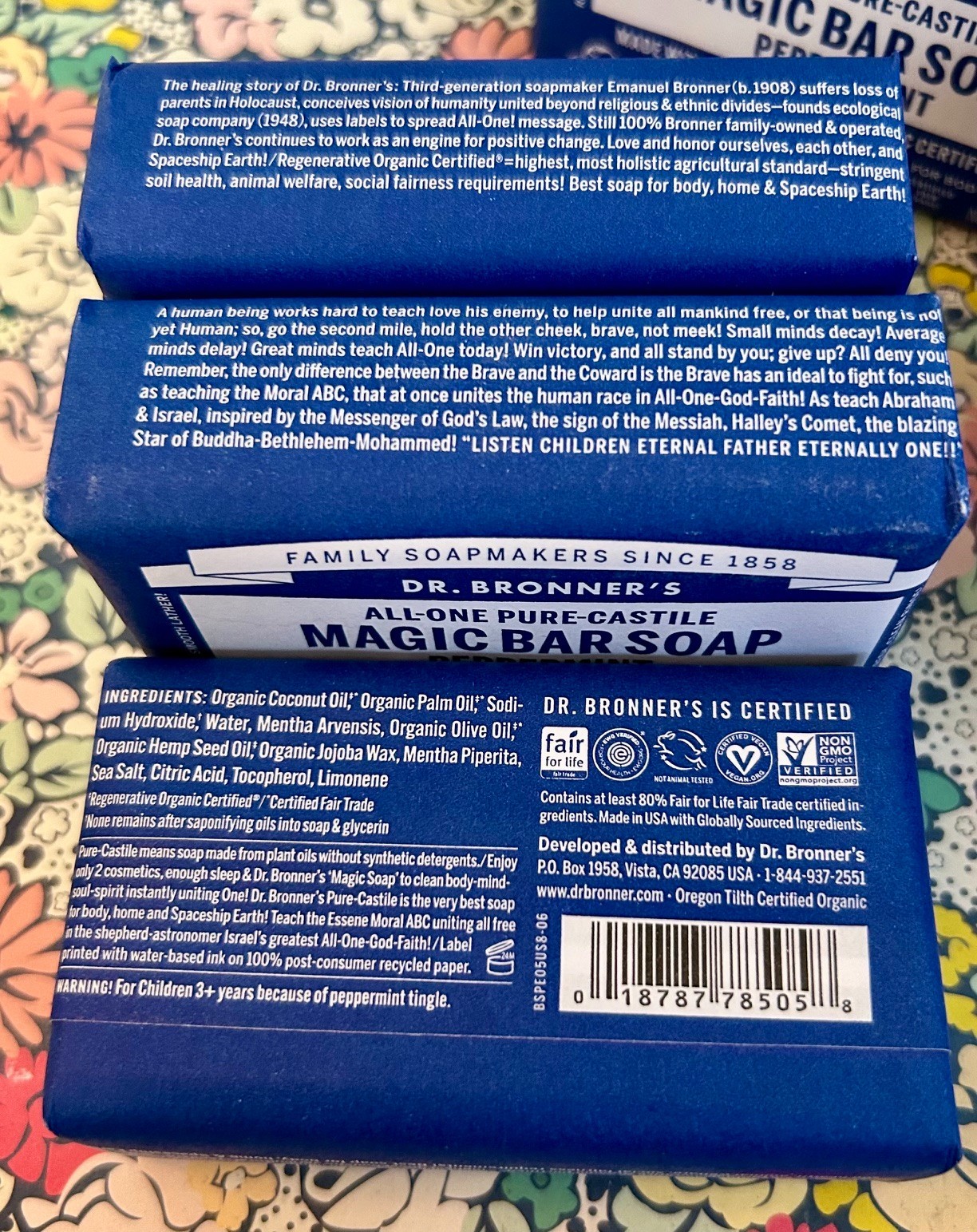 5 DR. BRONNER’S ALL ONE PURE CASTILE PEPPERMINT MAGIC BAR SOAP 5 oz ea
