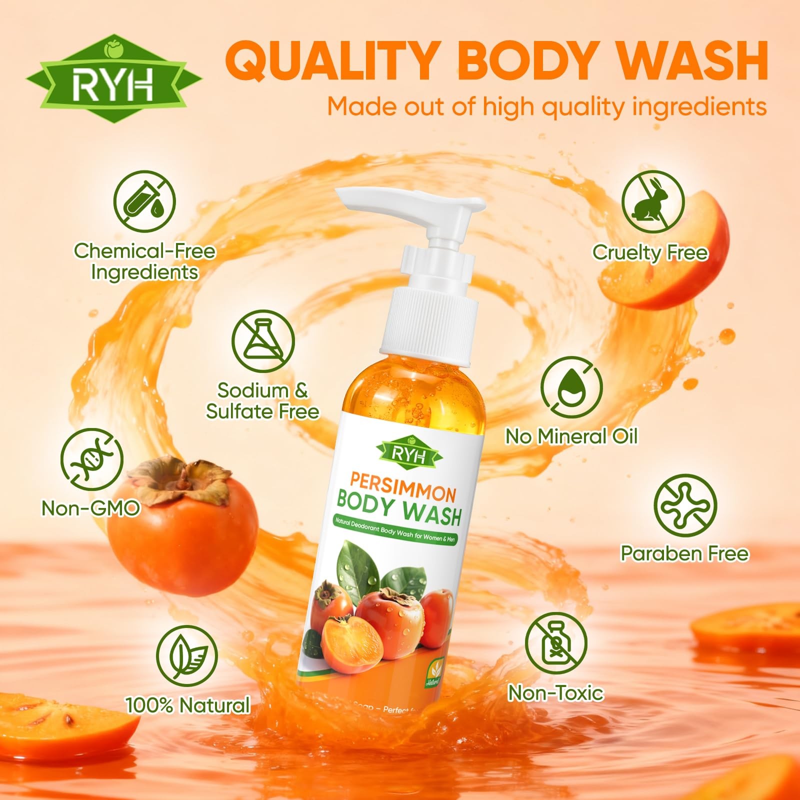 RYH Persimmon Body Wash for Odor Control – Natural 1 Count (Pack of 1)