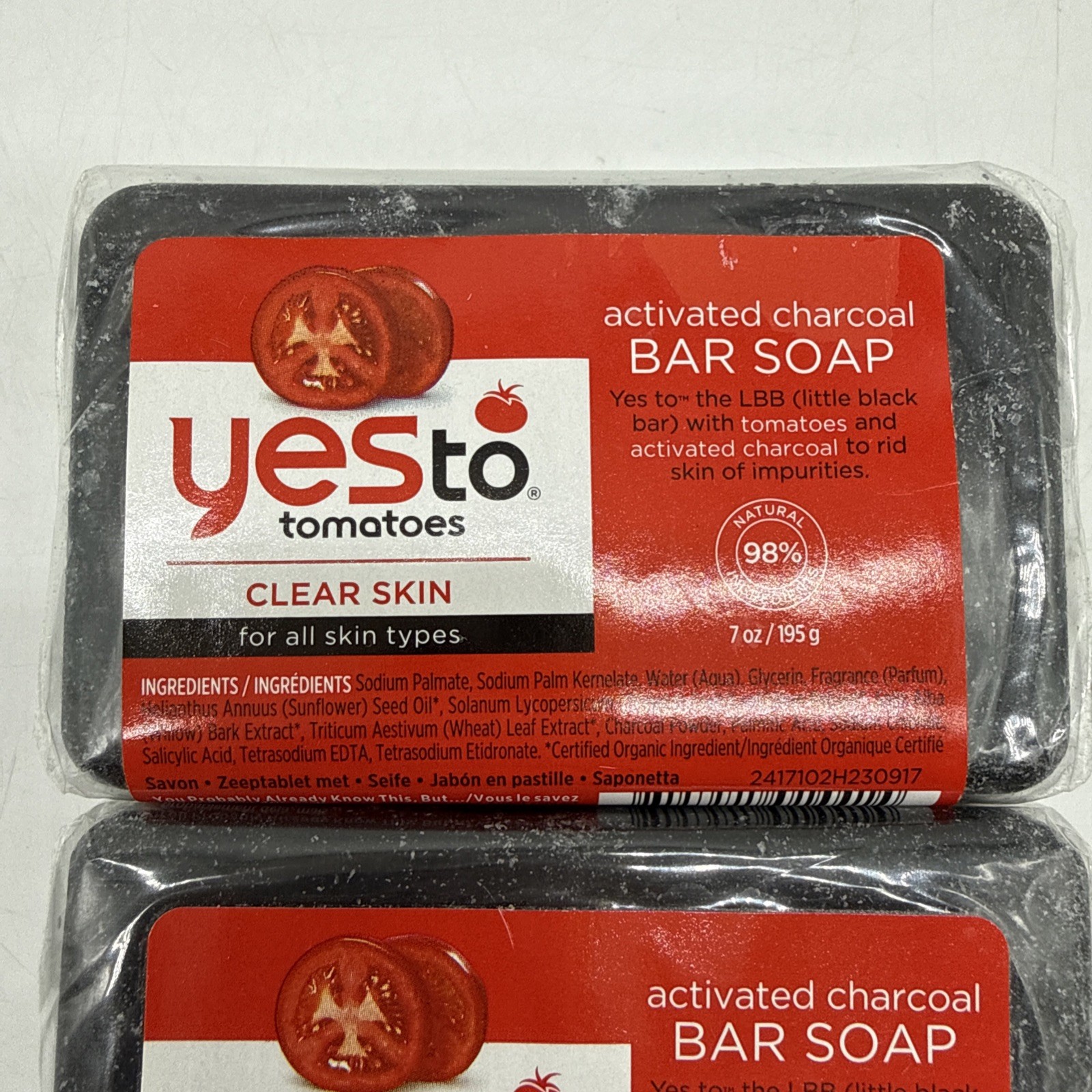 YES to Tomatoes Clear Skin Activated Charcoal Bar Soap Deep Detoxify Pair of 2