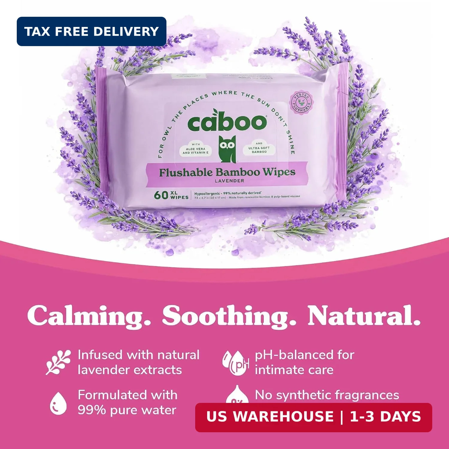 Caboo Lavender Flushable Wipes | Certified Flushable, Septic Safe, Chemical Free