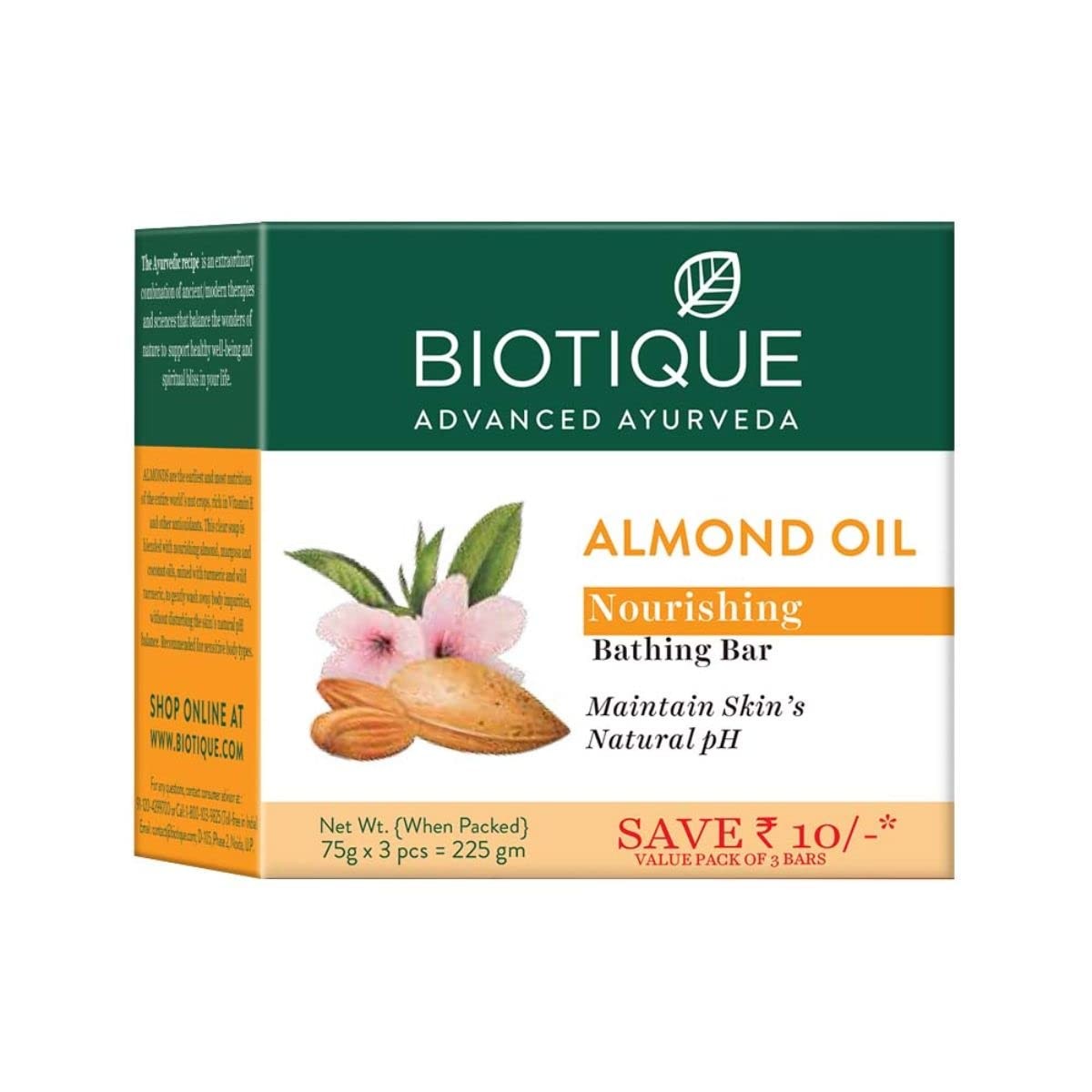 Biotique Almond Oil Soap 225g, Ayurvedic pH Balanced, Organic Botanical, Pack of