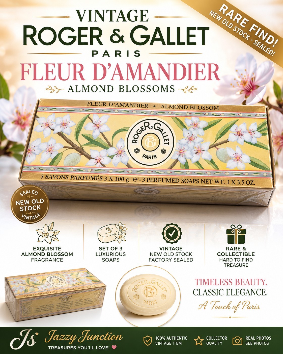 Vintage Roger & Gallet FLEUR D’AMANDIER – ALMOND BLOSSOMS 3 Soap Set 3.5oz RARE