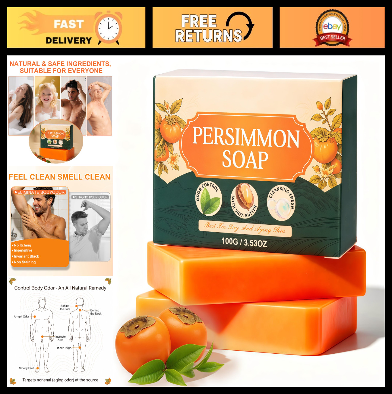 2PC Natural Deodorizing Persimmon Soap for Dry Aging Skin, Green Tea Extract, Ge