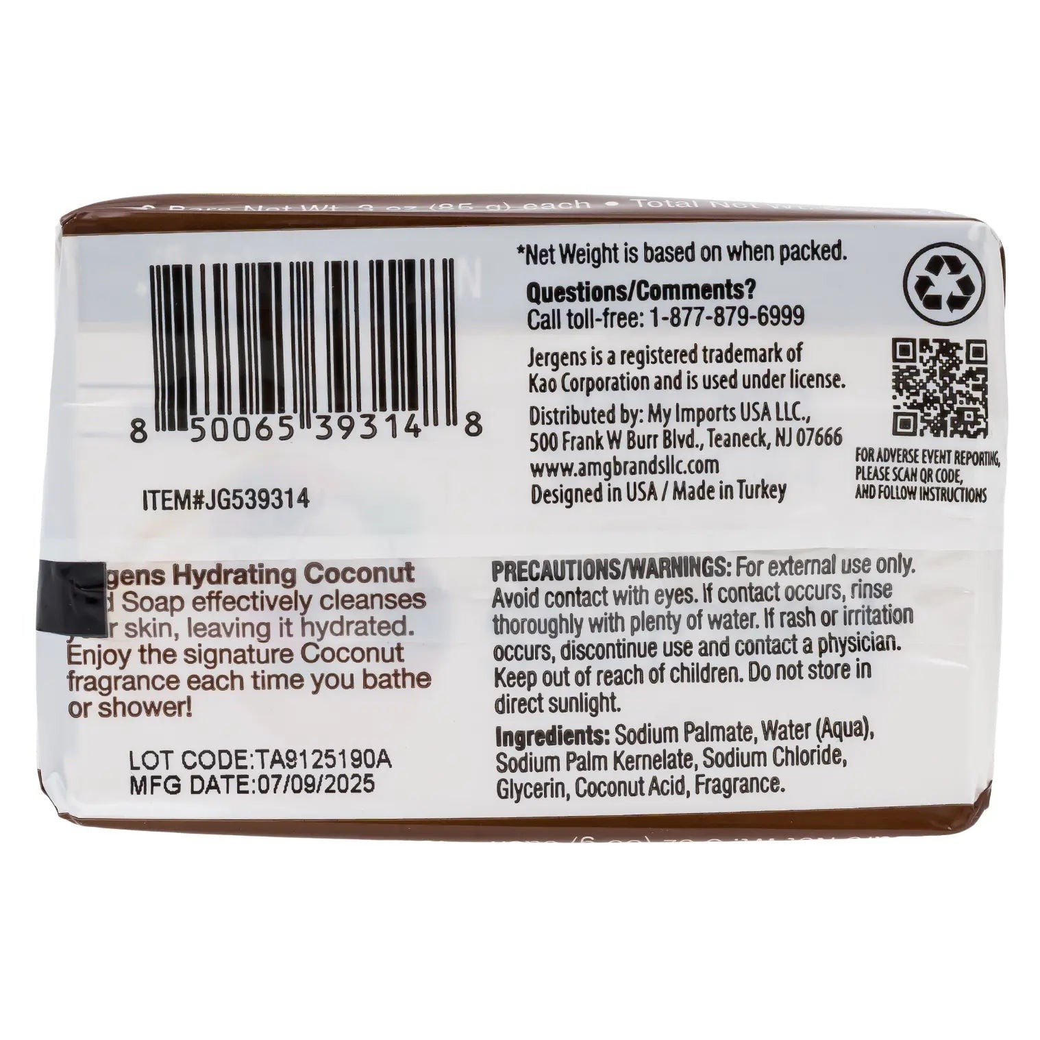 Jergens Hydrating Coconut Soap Bar, 2 Bars (3oz Each) (Pack of 6)