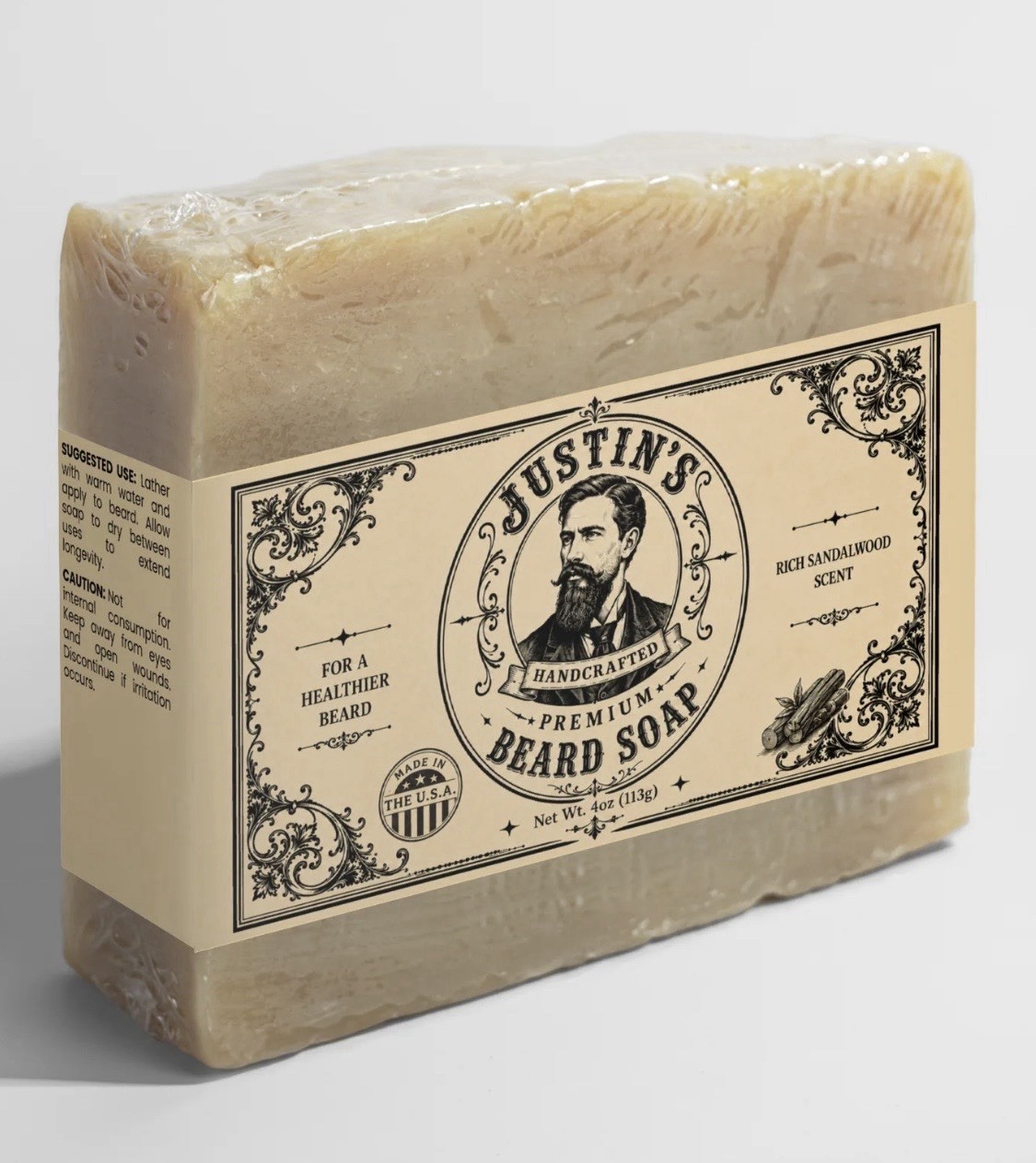 Justin’s Beard Soap Bar Handcrafted Premium Quality, Rich Sandalwood Scent, 4 oz