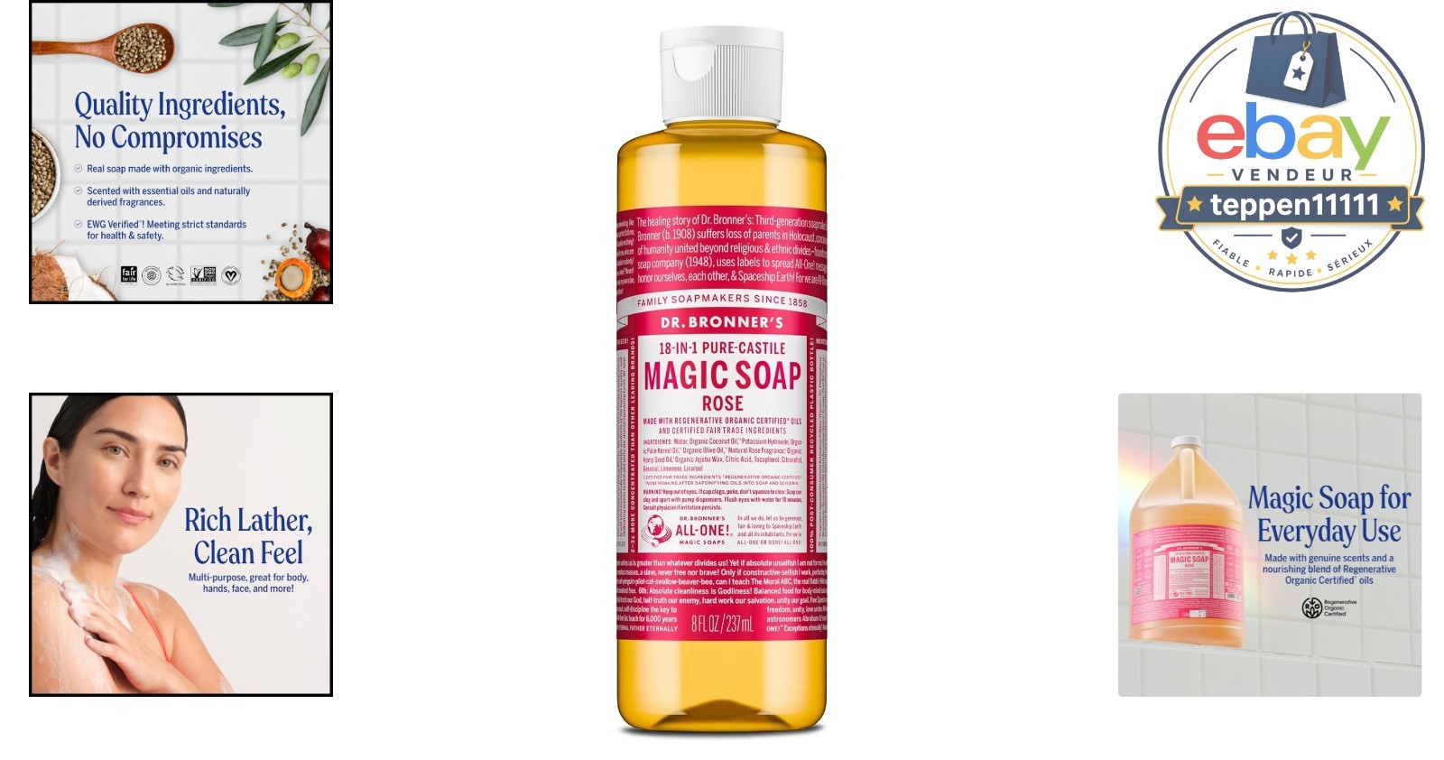 Liquid Soap Rose 8 oz Organic Oils 18-in-1 Uses Face Body Hair Laundry