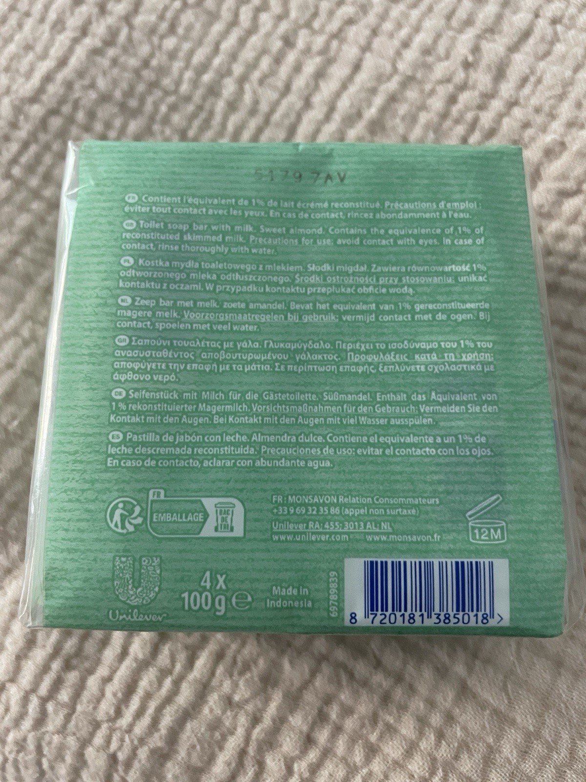 Monsavon Au Lait French Soap Bar 4×100g Almond Body Bath Cleanse NEW Imported!