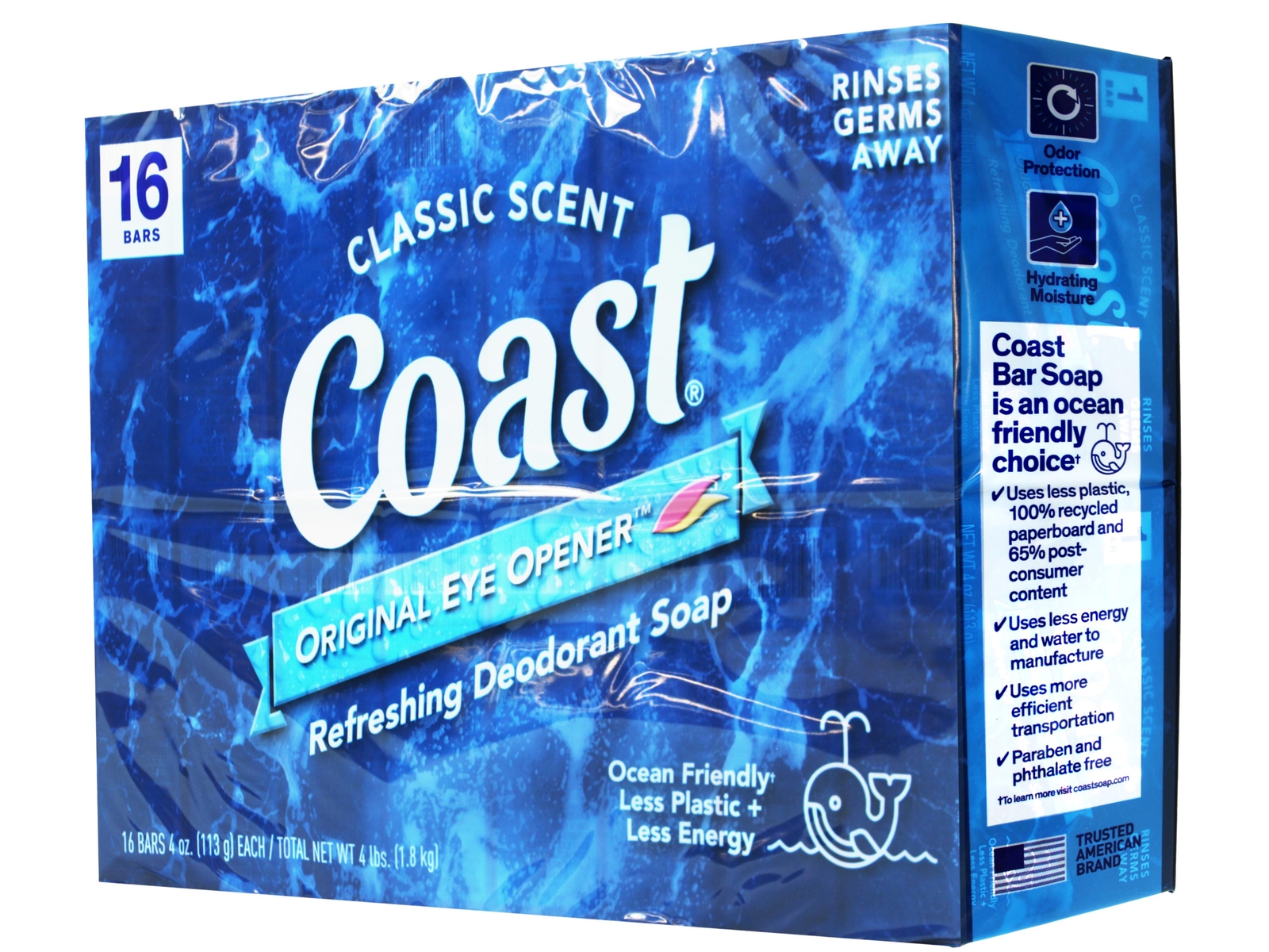 2 Pack Coast Refreshing Deodorant Bar Soap Classic Scent, 16 Bars, 4 oz Each