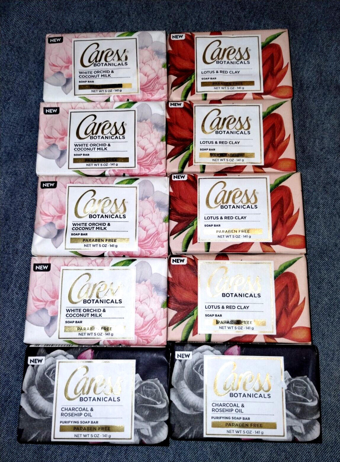Caress Botanical Soap Bars Lotus Red Clay, Orchid Coconut Milk, Charcoal Rosehip
