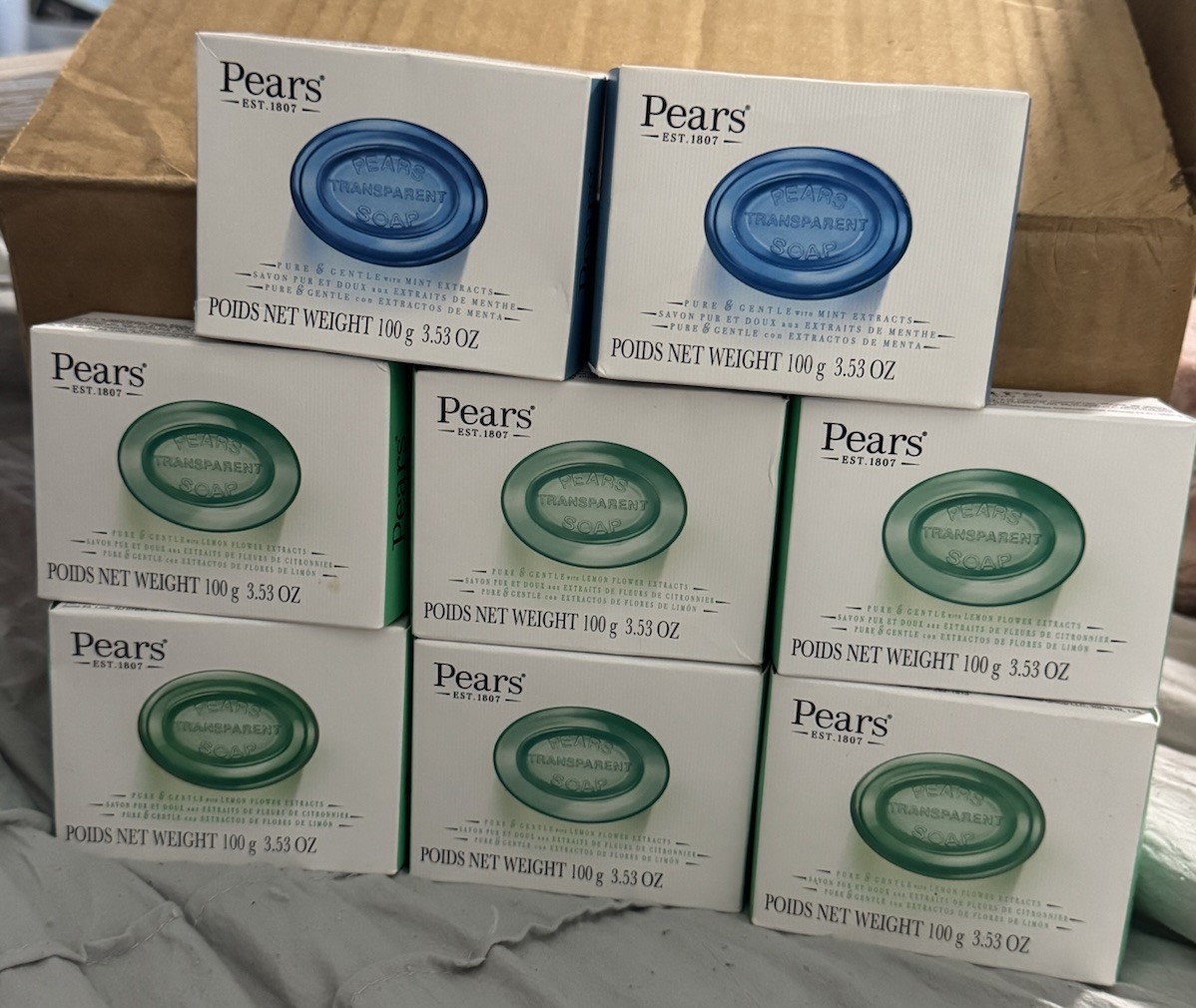 8 Pack Pears Pure & Gentle Transparent Soap 3.53 oz/100 g Bar Soap BLUE & GREEN