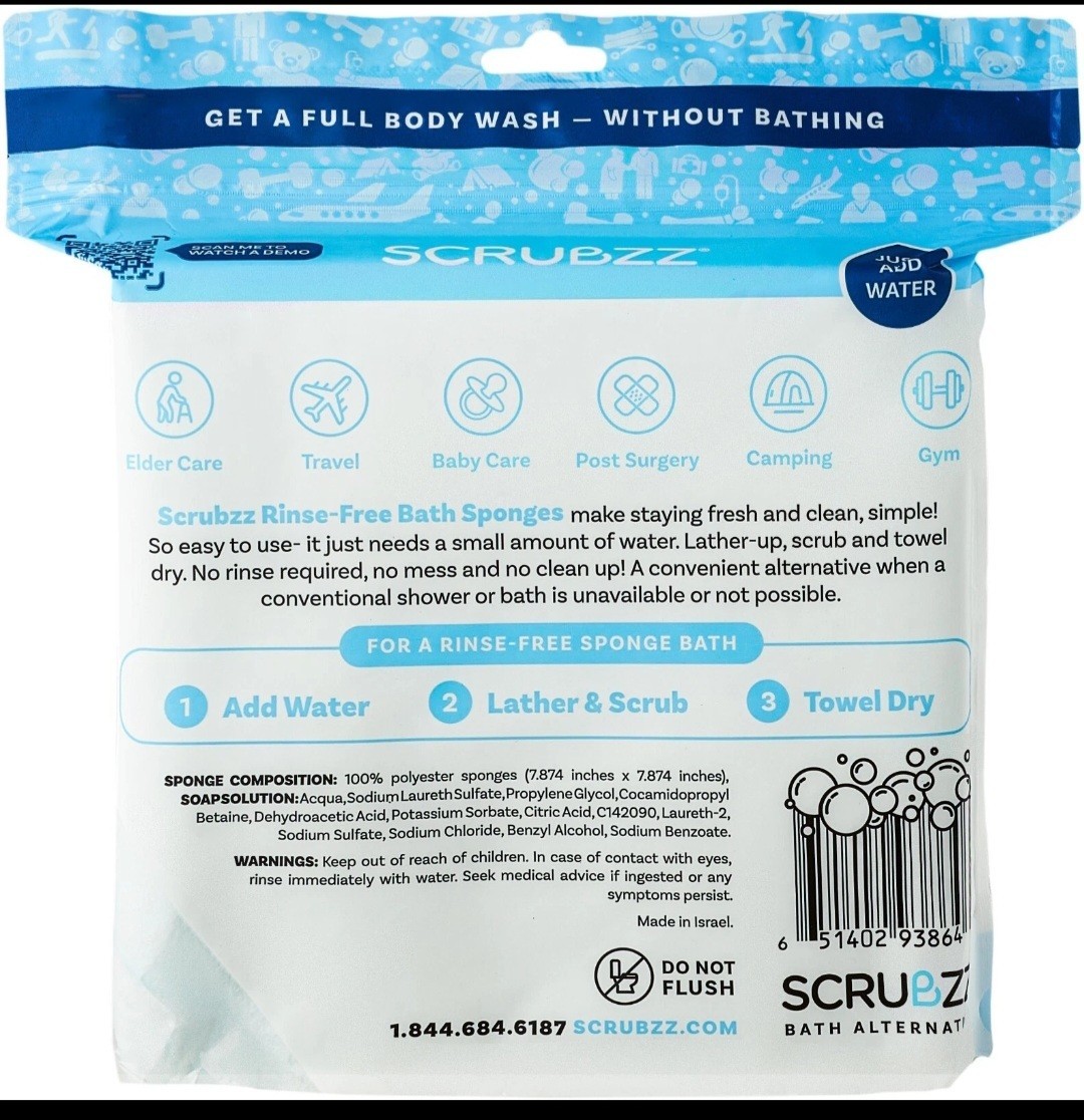 Scrubzz Disposable Rinse Free Bathing Sponges – Unscented, 50 Count