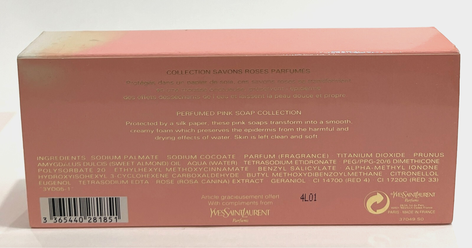 YSL Paris Perfumed Pink Soap Collection 3 x .8 fl oz / 3 x 25 g Bar Soap NIB
