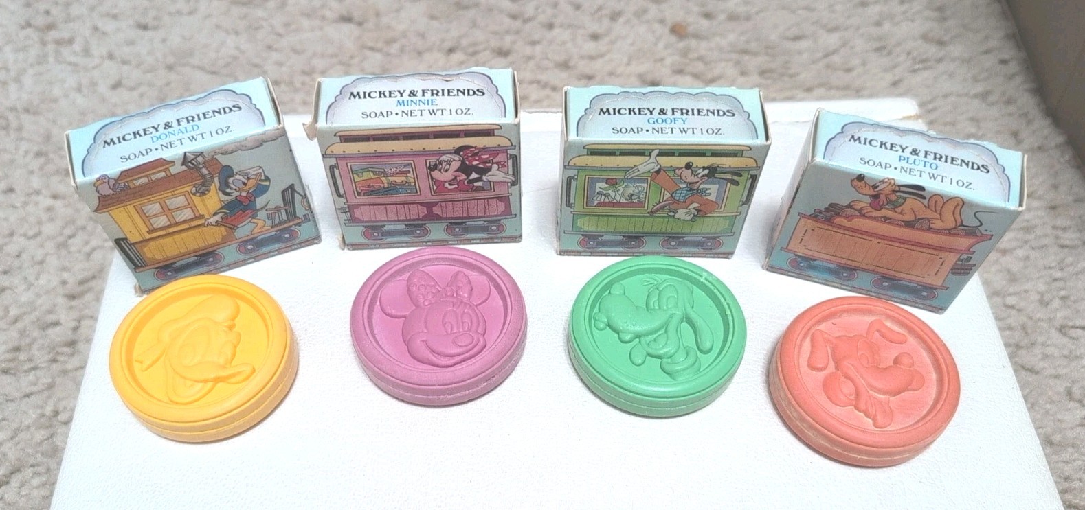 Mickey and Friends 4 Set Train Soap 1oz Avon Punch Out Boxes 1990 NOS