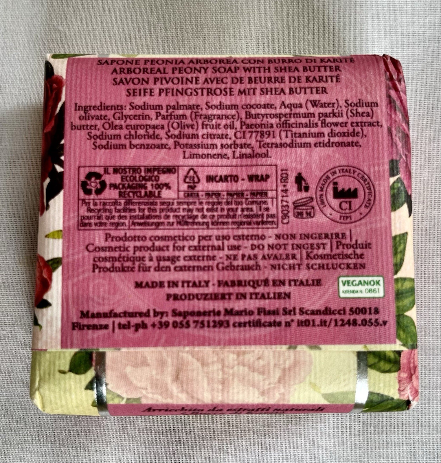 La Florentina Peonia Arborea Vegan Shea Butter Luxury Soap Bar, Peony Scent 150g