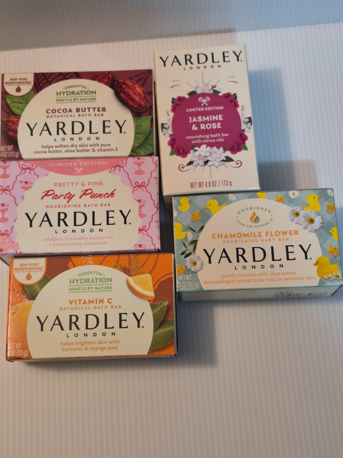Lot of 10 Yardley Beauty Items. 9 soaps of different scents & 1 pk of washcloths