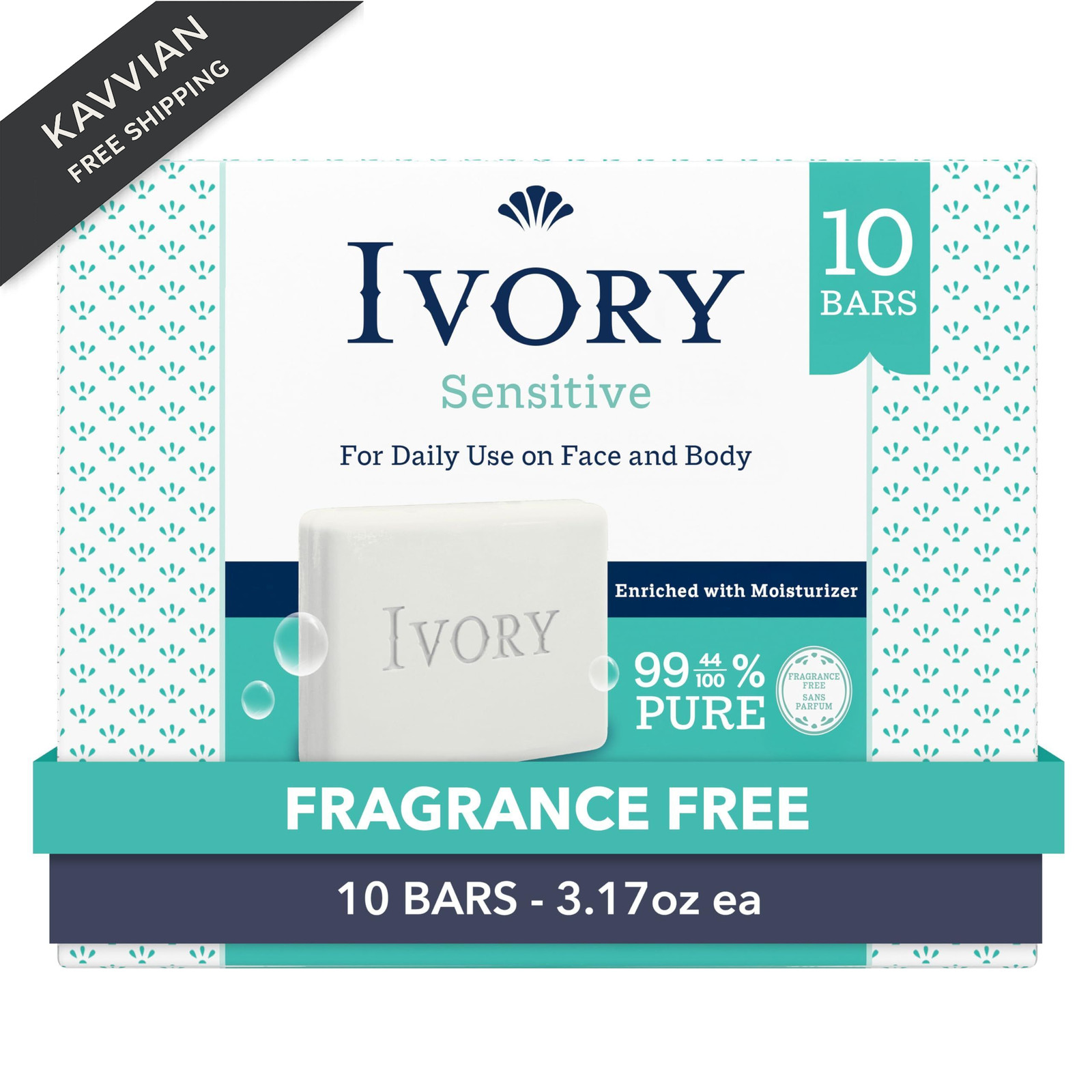 Ivory Sensitive Bar Soap, Designed for Whole 3.17 Ounce (Pack of 10), White
