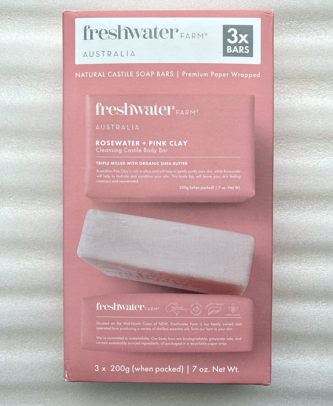3-Pack | Freshwater Farm Australia Body Soap Bars | Rosewater + Pink Clay | 7 oz