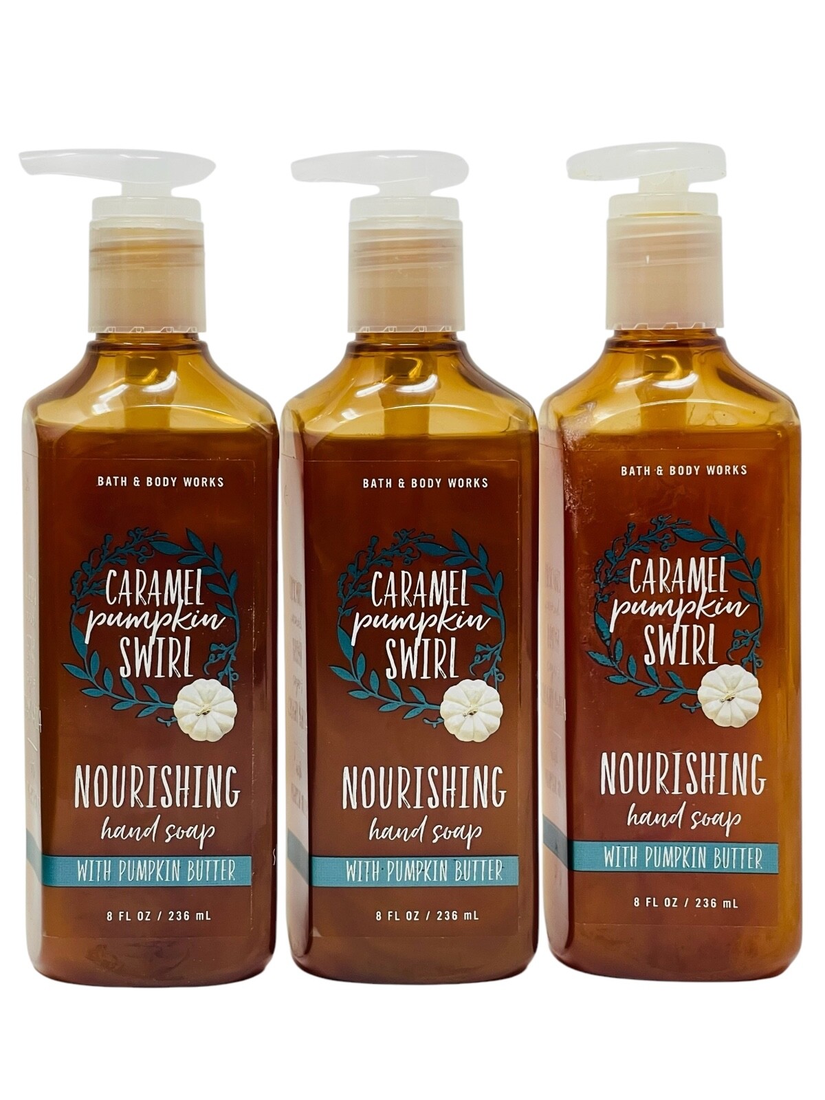 3 BATH & BODY WORKS CARMEL PUMKIN SWIRL NOURISHING HAND SOAP 8 FL OZ/ 236 mL NEW