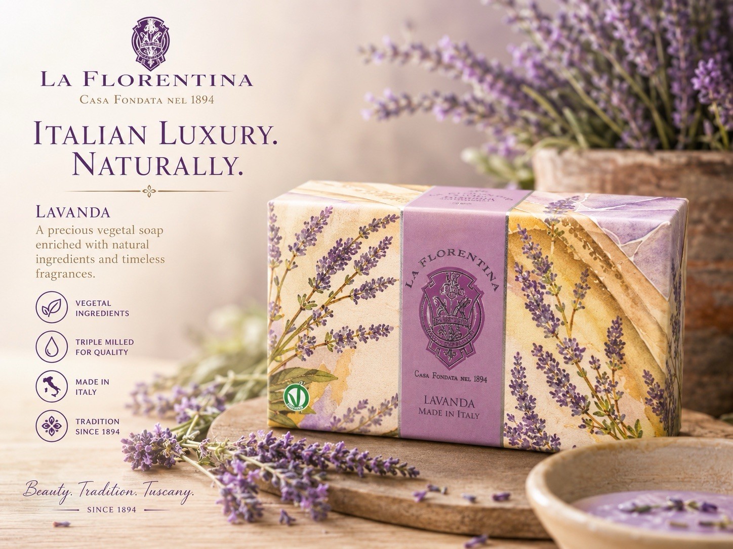 La Florentina Lavanda Lavender Moisturizing Soap Bars 3 Pack Made in Italy