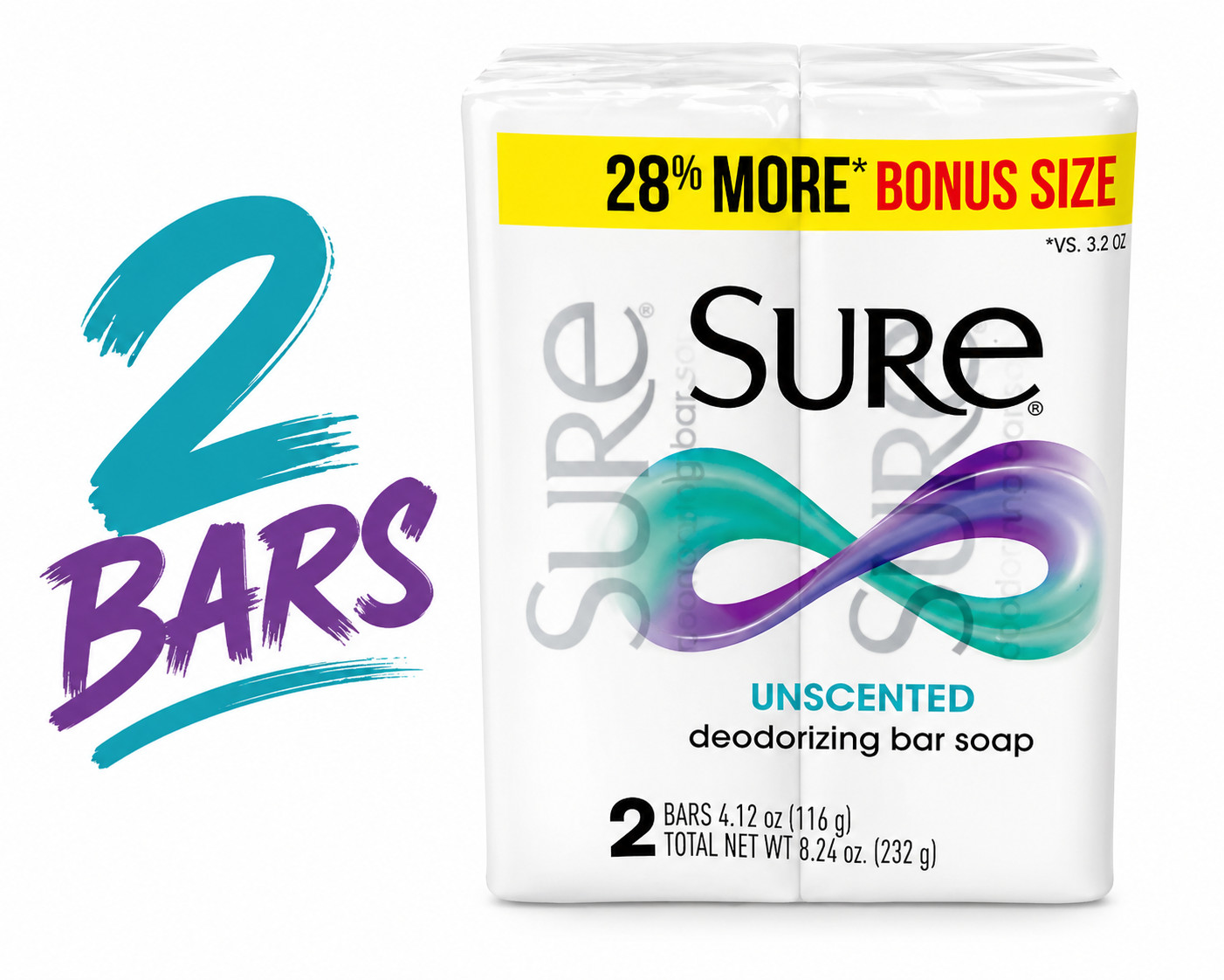 Sure Bar Soap 2 Bars Unscented Deodorizing NEW 4.12 oz Ea HTF Rare