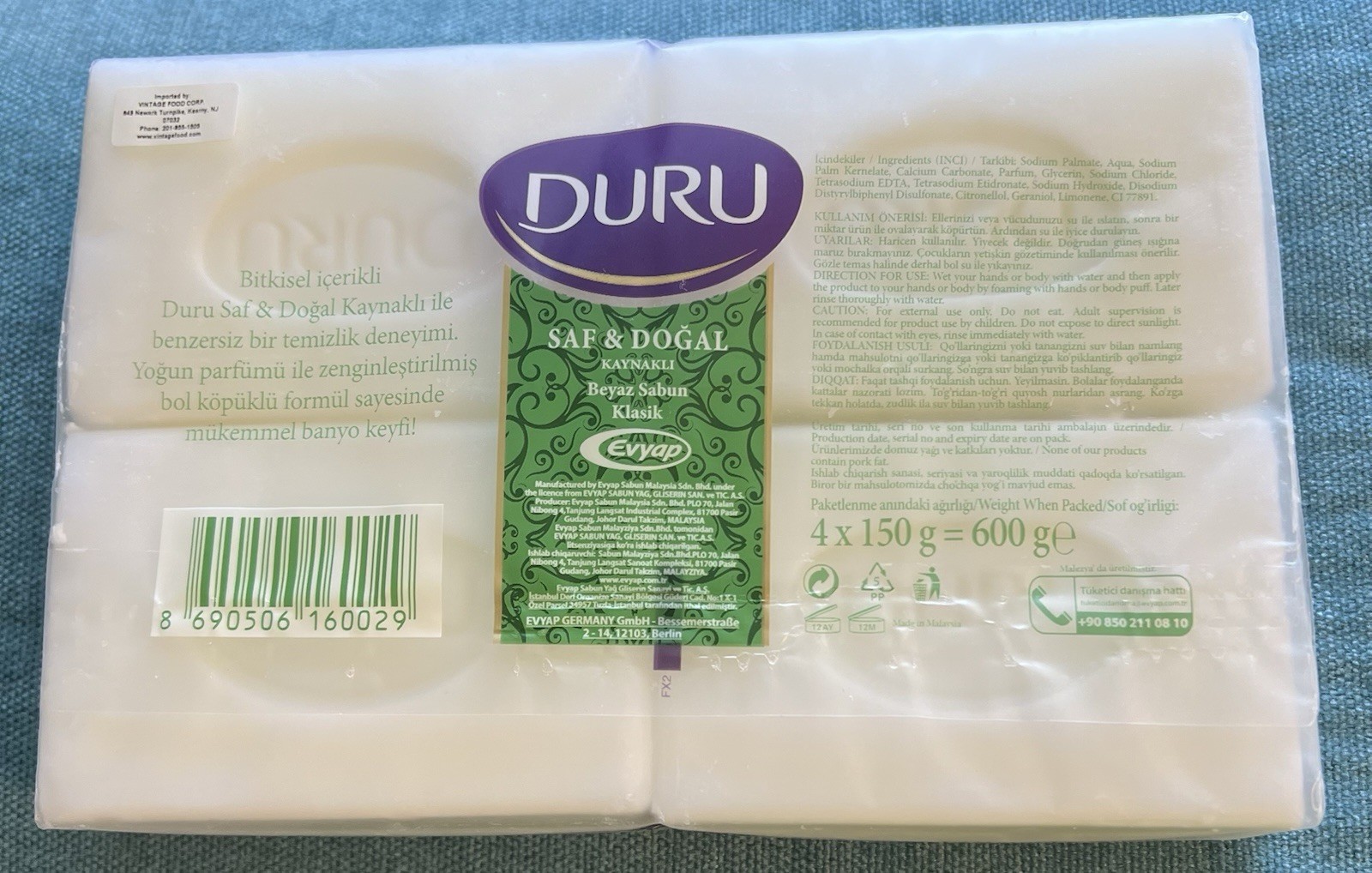 DURU CLASSIC Bath Soap VEGAN Natural Organic Bar Soap .4×150 g=600g .