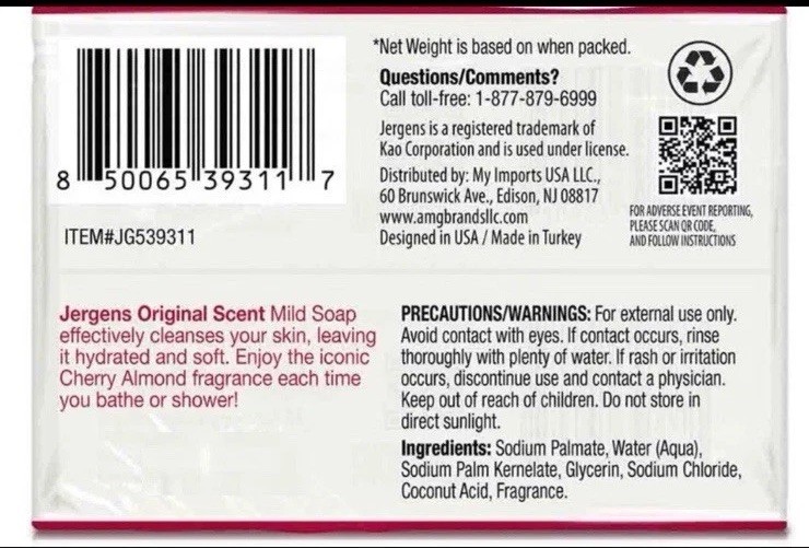 4 Packs (8 Bars Total) Jergens Cherry Almond Mild Soap Original Scent, Free Ship