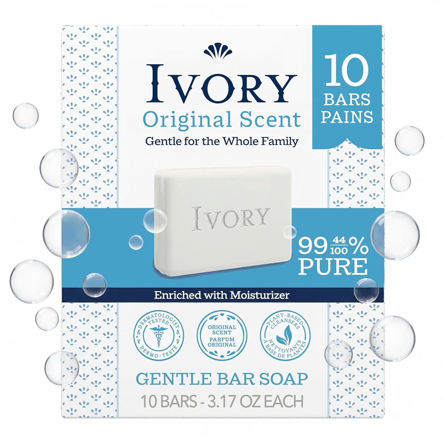 Ivory Gentle Bar Soap 10 Pack 3.17oz Original Scent 99.44% Pure Family Clean