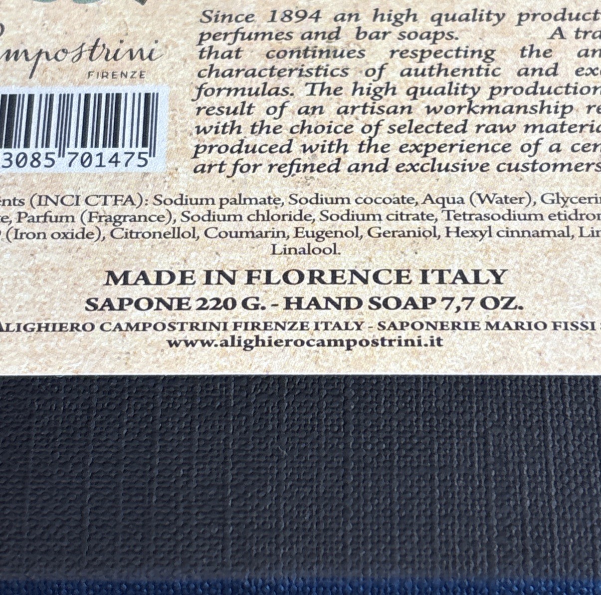 Alighiero Campostrini Giraterra Black Luxury Soap No. 125 Gift Boxed 220g Italy