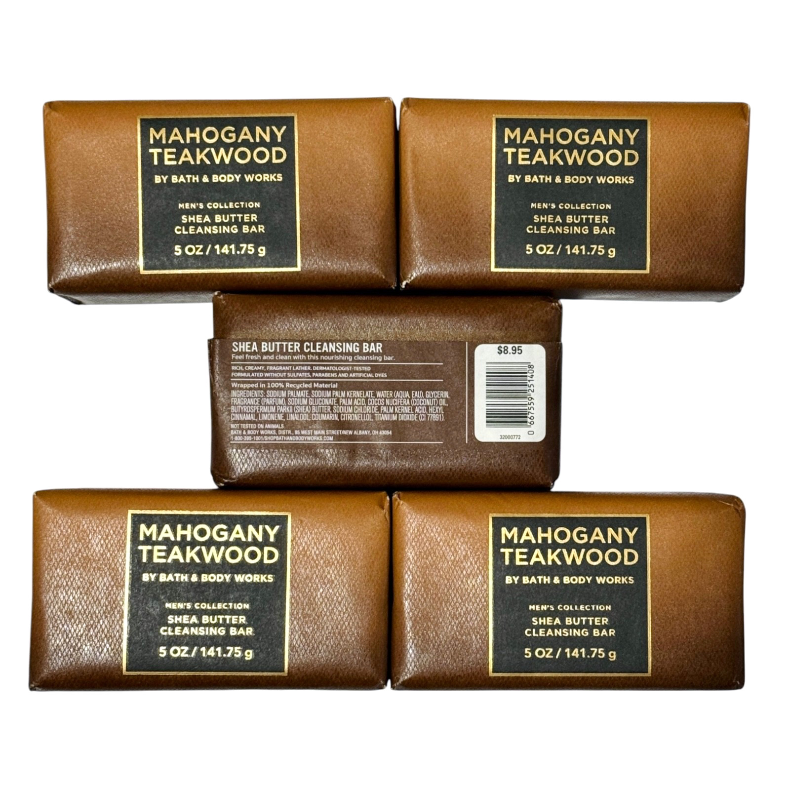Bath & Body Works MAHOGANY TEAKWOOD Shea Butter Cleansing Bar Soap 5 oz (5-PACK)