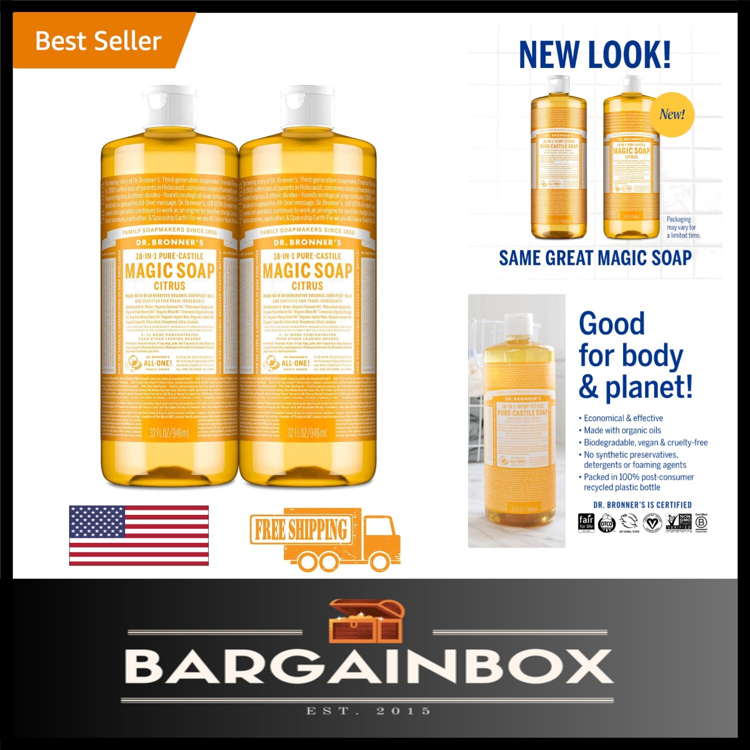 Magic Soap Pure-Castile Liquid Soap Citrus Set – 32oz 2-Pack, 18-in-1 Uses