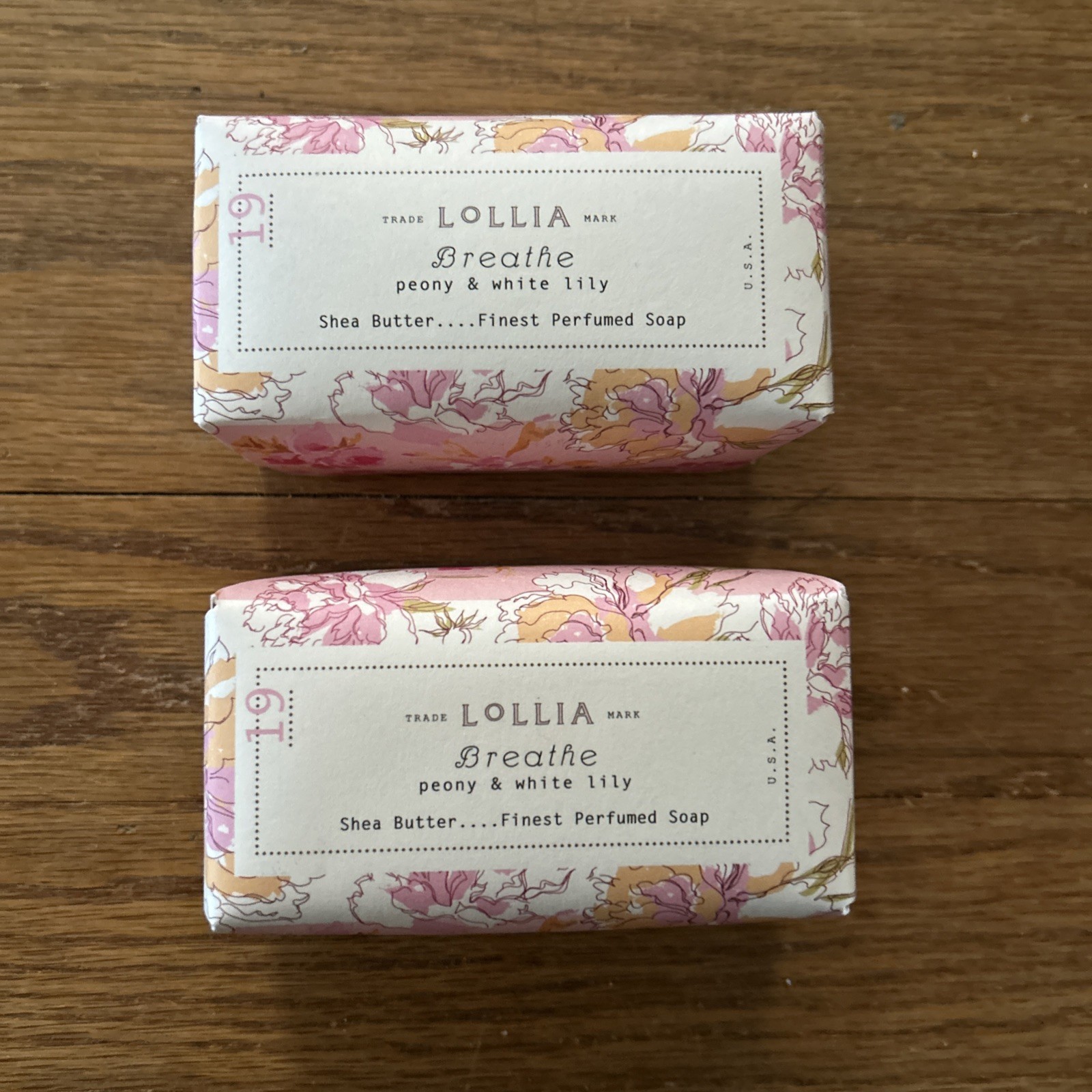 Lollia Breathe Peony And White Lily Shea Butter 5oz Bar Soap Set Of 2 Brand New