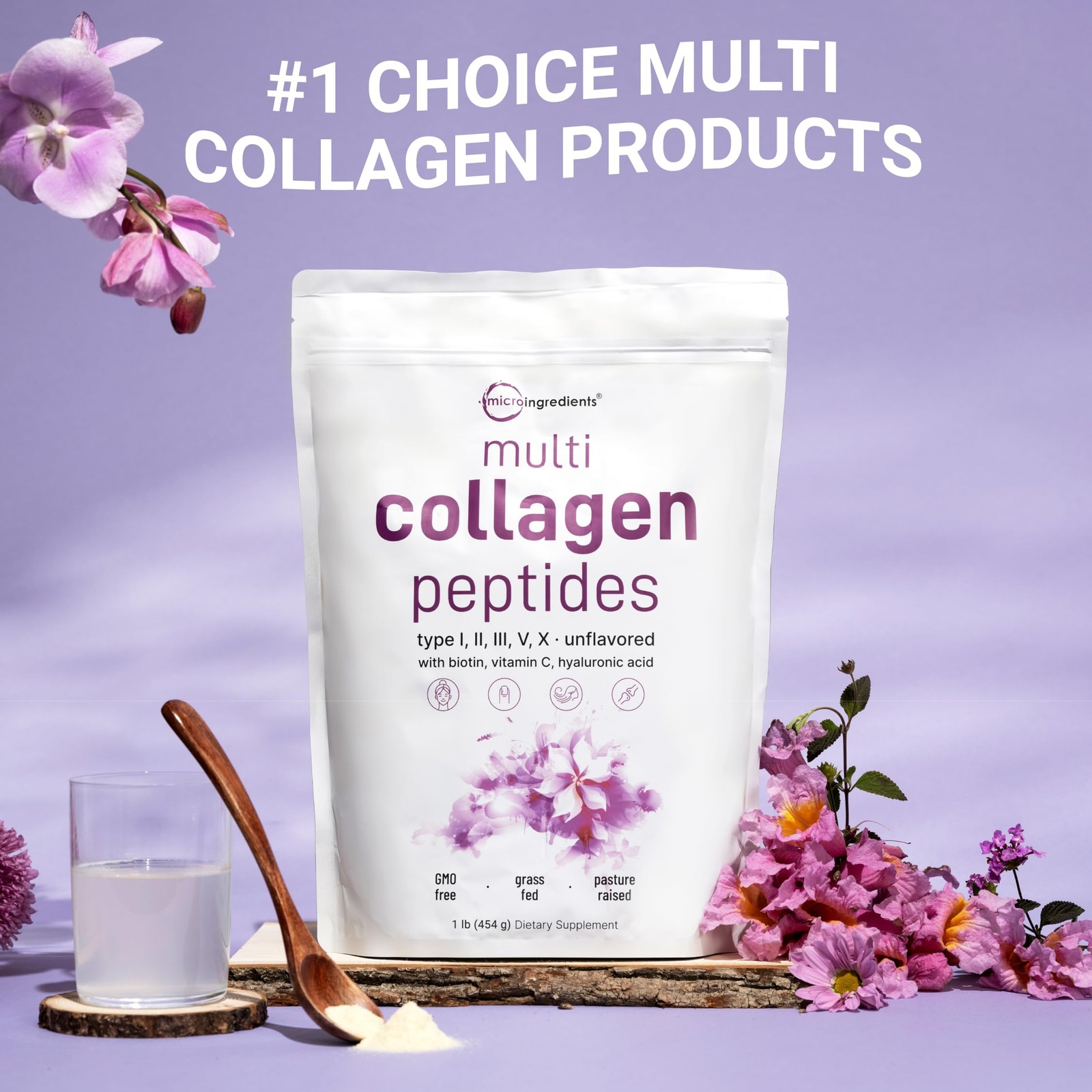 Micro Ingredients Multi Collagen Peptides Powder, 1 Pound (Pack of 1),
