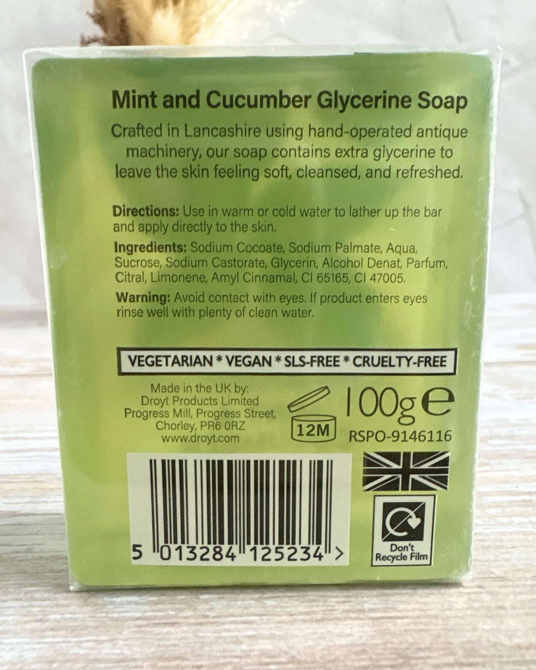 Droyts Fine Soaps UK Mint & Cucumber Pure Glycerine Soap Bar New Handcrafted