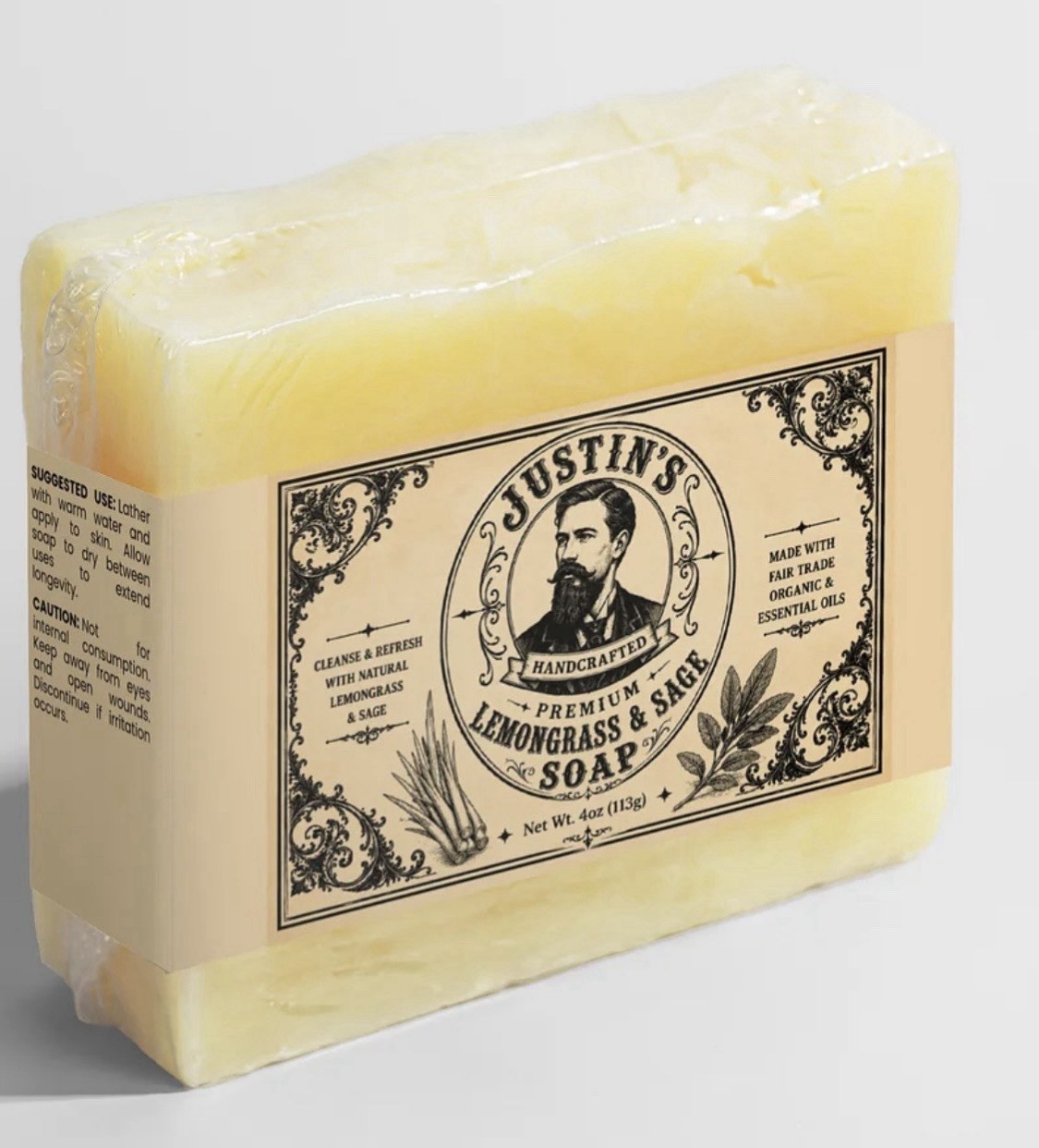 Justin’s Handcrafted Premium Lemongrass & Sage Body & Hand Soap Bar, 4 oz