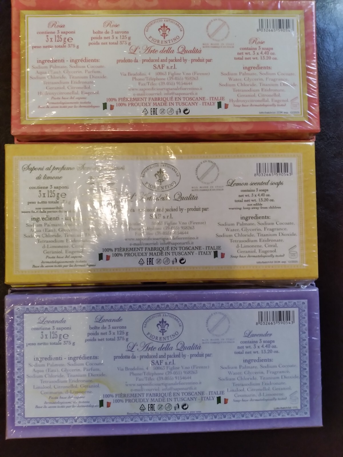 LA SAPONERIA FIRENZE ROSE LEMON LAVENDER ITALIAN SOAP 3 BOXES 3 X 4.4 OZ / BOX