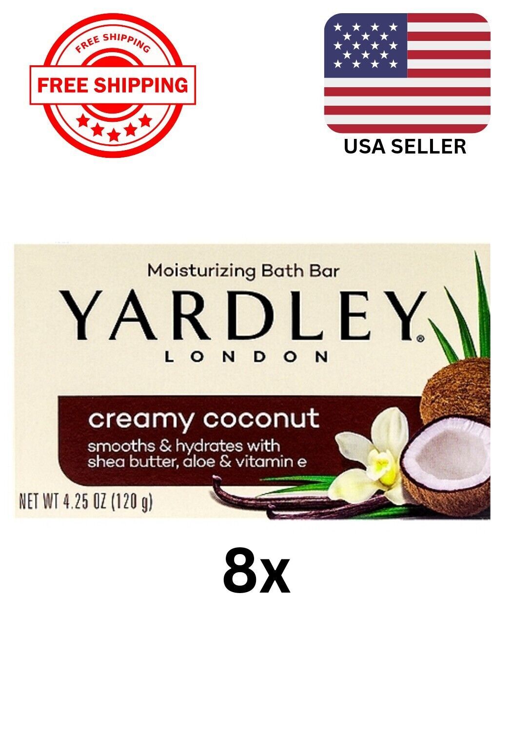 🥥 ( Lot Of 8 ) Yardley Creamy Coconut Bath Bar, 4.25 oz Each Free Shipping 🥥