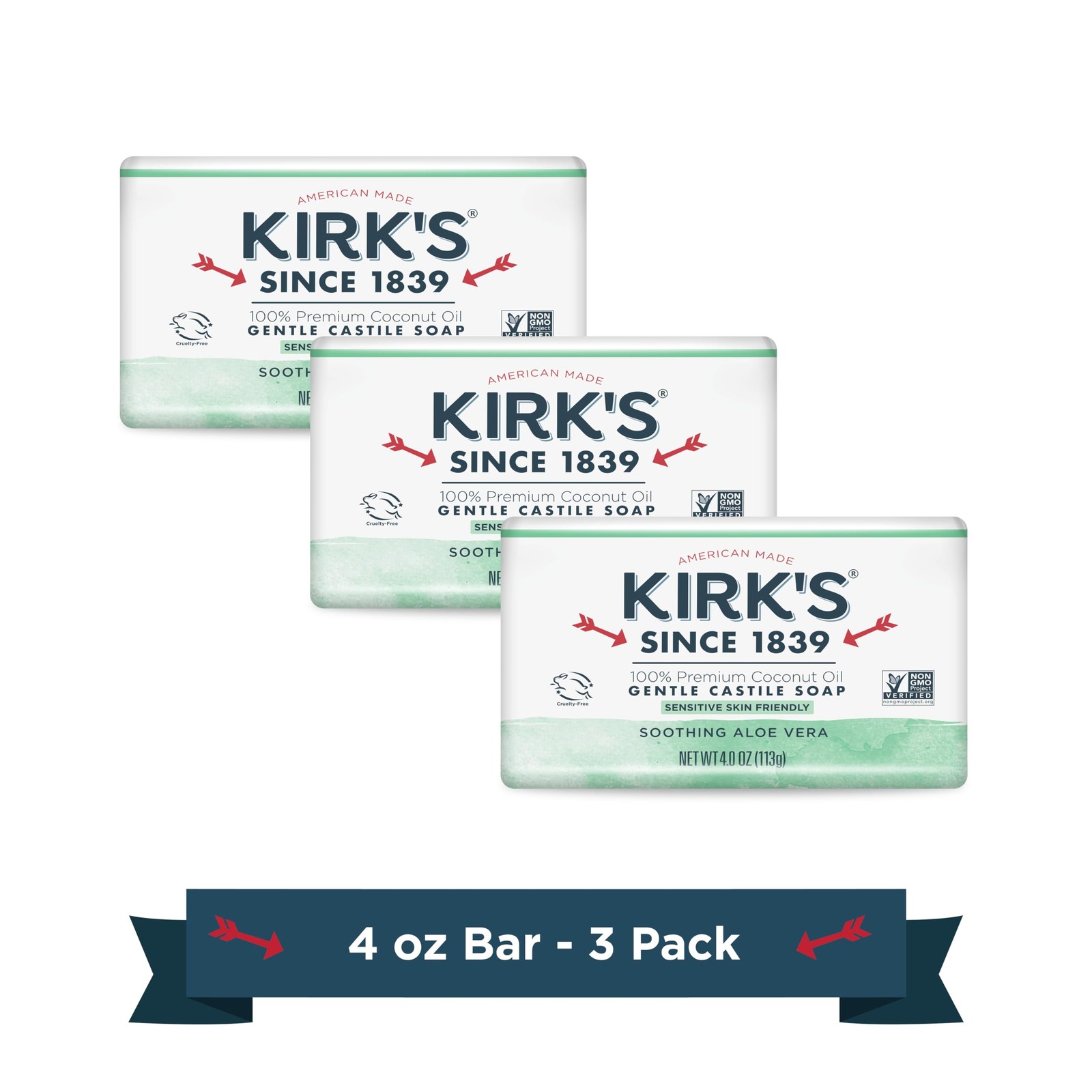 Kirk’s Natural Original Coco Castile Soap with Aloe Vera, 4 Ounce (Pack of 3)