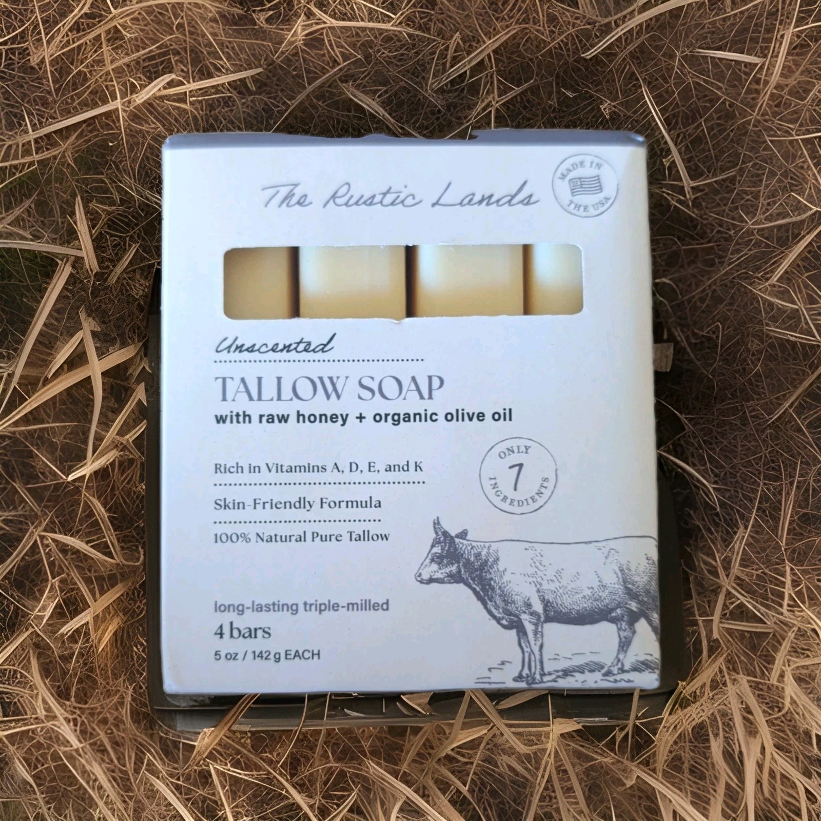 The Rustic Lands Tallow Soap made with raw honey & organic olive oil.4 Bars 5 oz