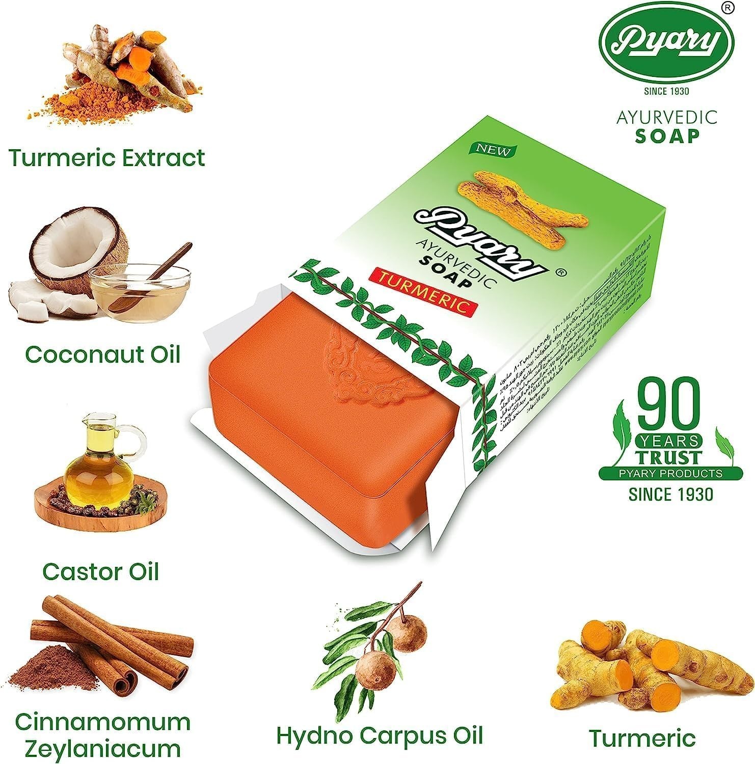 5x Pyary Ayurvedic Turmeric Soap 75g – Natural Vegetable Oil Soap – Pack of 5