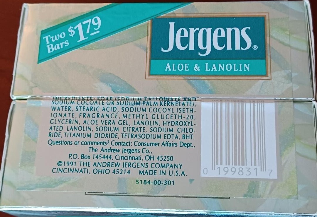 Vintage 1991 2x2pk Jergens Aloe & Lanolin Soap Bar 4.75oz NOS USA Movie TV Prop