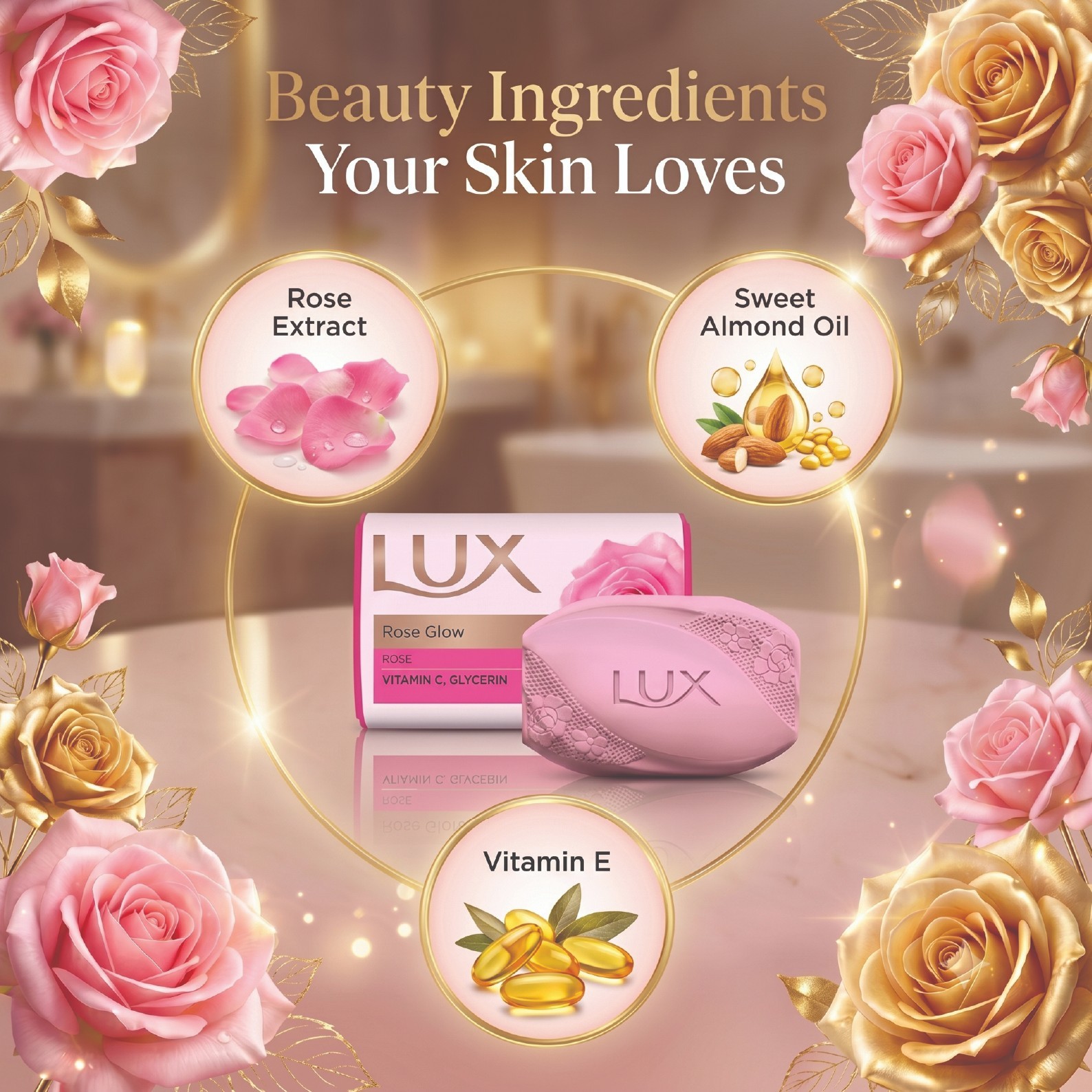 Pack of 3 Lux Rose Glow Vitamin C & Glycerin Soap 175g Rose Beauty Bar