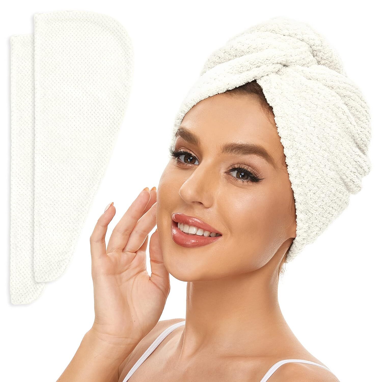 SimpleField 2 Pack Microfiber Hair Towel Wrap for Women, Anti Frizz Ivory
