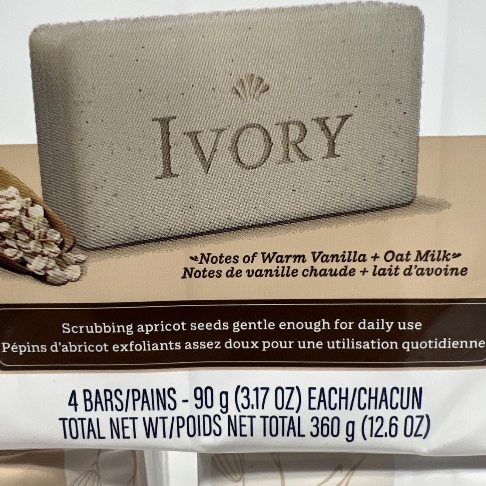 Ivory Exfoliating Soap W/ Apricot Seed And Oat milk & Hint Warm Vanilla 12 Bars