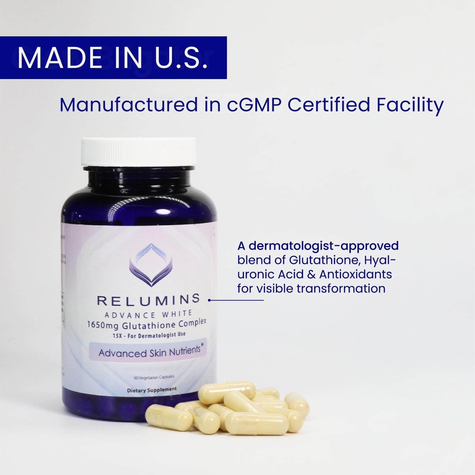 Relumins Glutathione Supplement 1650mg Reduced Glutathione Complex 90 Capsules