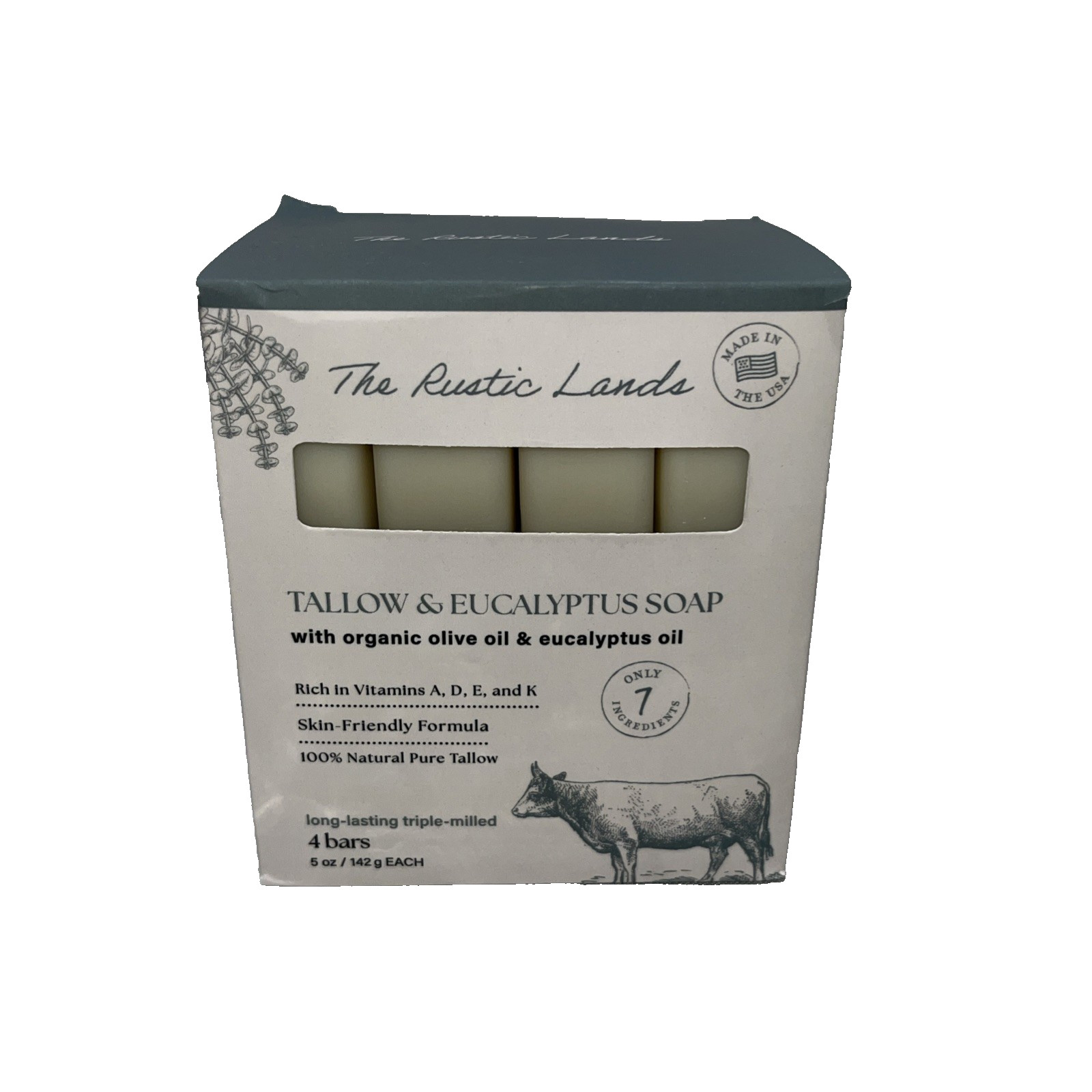 The Rustic Lands Tallow & Eucalyptus Soap with Olive Oil 4 Bars 5oz.