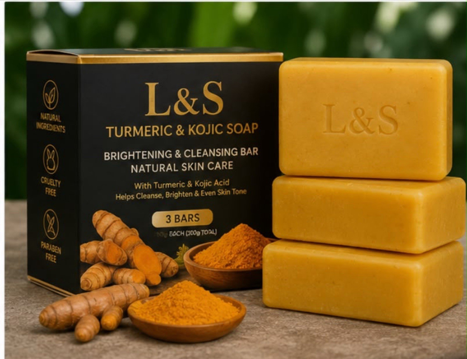 L&S Turmeric & Kojic Soap 3 Pack – Natural Skin Care Cleansing Bars – 100g Each