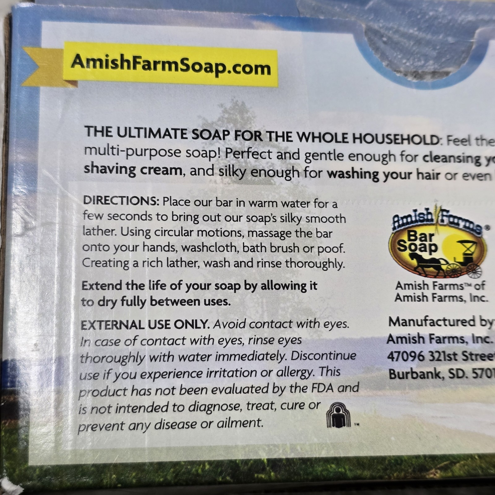Amish Farms Bar Soap (6 Bars) 4-In-One: Face, Body, Shampoo, & Shave, USA Made