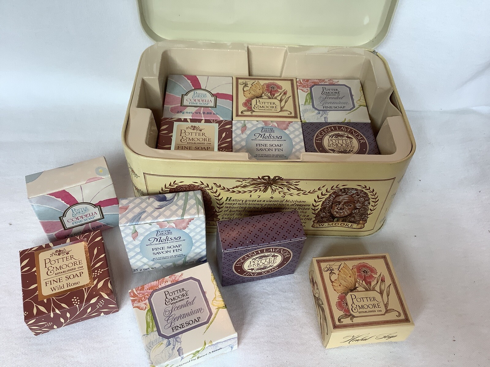Potter & Moore Tin 12 Soap Bars Coppelia Wild Rose Lavender Melissa Geranium