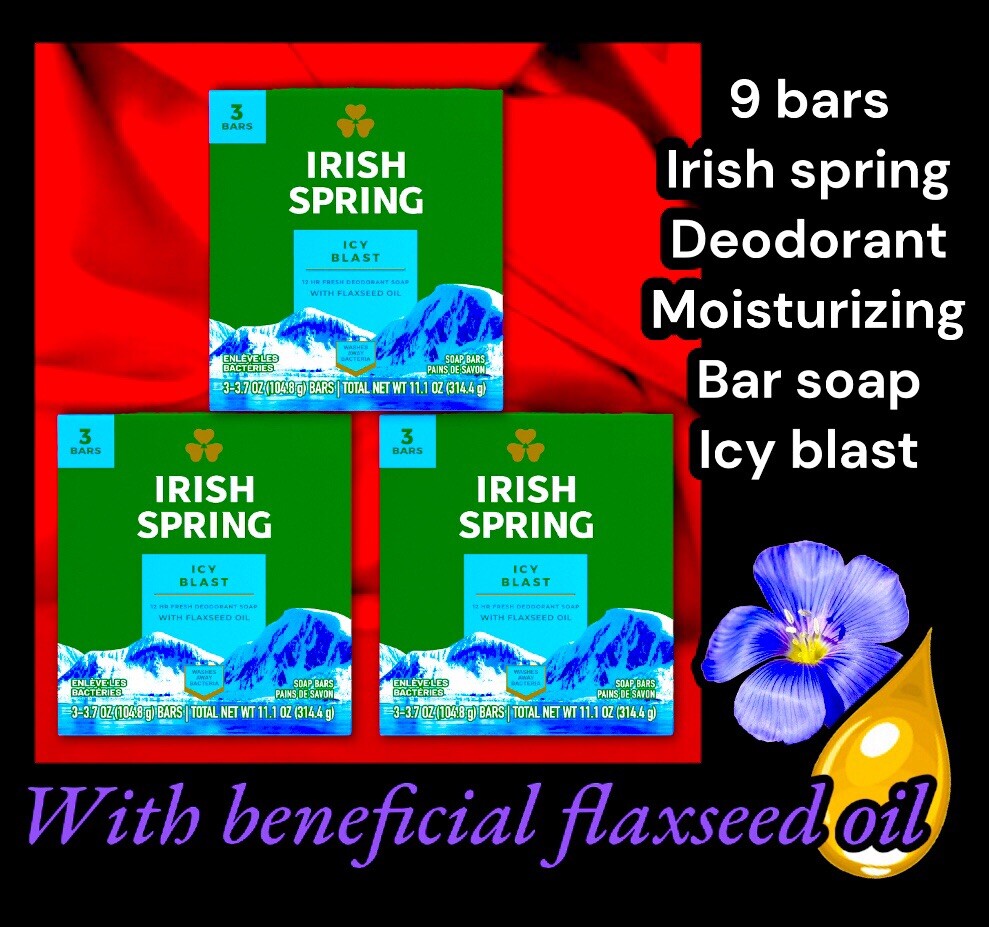 9 Irish Spring Icy Blast Deodorant Bar Soap:(3pk x 3),12hr Fresh, w Flaxseed Oil